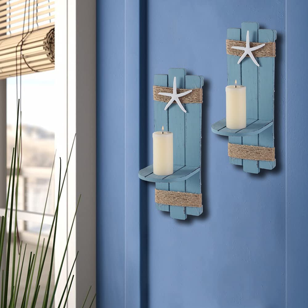 SOMTO Beach Starfish Wall Candle Sconces Decor,Ocean Themed Wall-Mount Candle Holders, Coastal Farmhouse Nautical Rustic Decorations for Bathroom, Living Room, Dining Room and Office, Set of 2