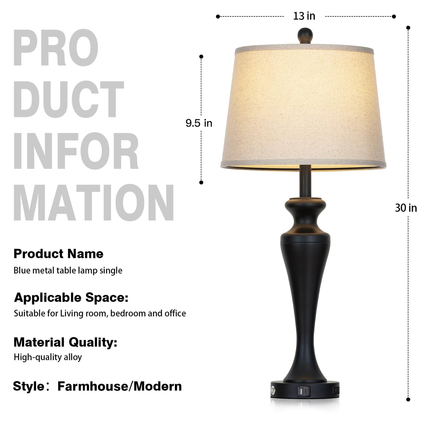 CINSARY 30“ Black Table Lamps for Living Room, 3-Way Dimmable Touch Control Lamp with USB A+C Ports and AC Outlet, Tall Bedside Lamps Set of 2, Metal Bedroom Lamp for Nightstand, 2 Bulbs Included