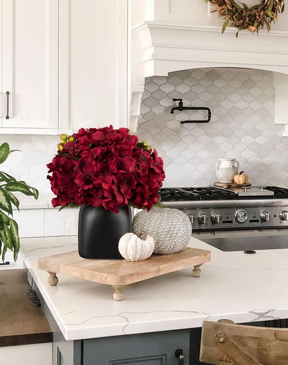 Briful Hydrangea Artificial Flowers in Ceramic Black Vase, Burgundy Silk Hydrangea Centerpieces for Tables, Realistic Dining Table Vase with Flowers for Farmhouse Home Decor Indoor