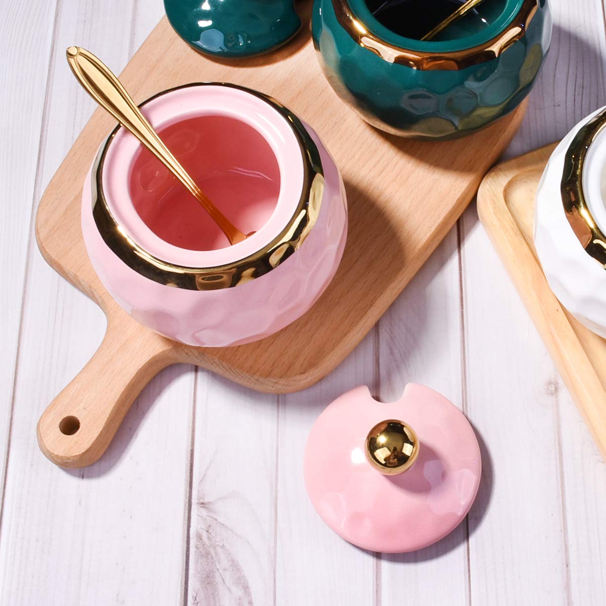 BOSILI Ceramic Sugar Bowl with Spoon Golf Shaped Ceramic Salt Container with Lid for Home and Kitchen (Pink)
