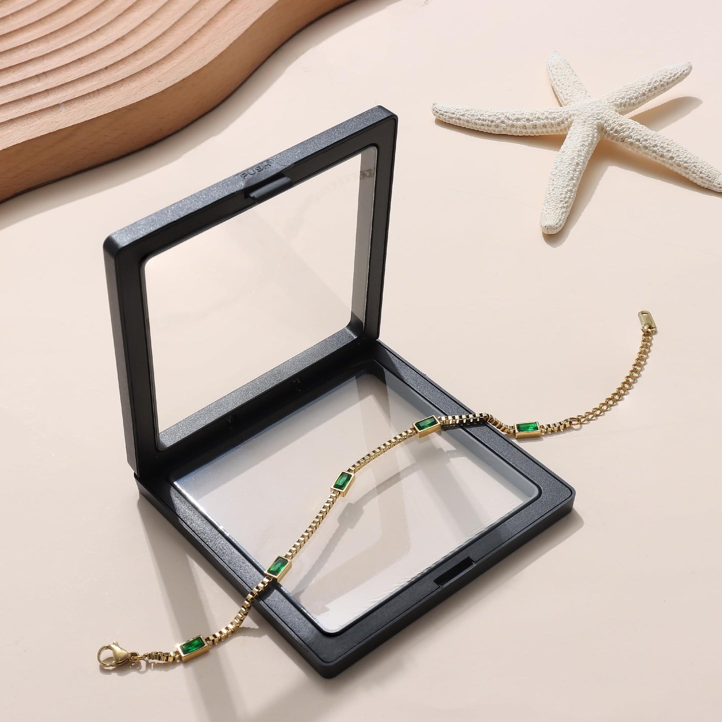 Sanfenly Gold Bracelet for Women Non Tarnish Dainty 14K Gold Plated Thin Stainless Steel Cute Emerald Green Cubic Zirconia Simulated Diamond Charm May Birthstone Bracelet Trendy Adjustable Simple Link Chain Waterproof Bracelet