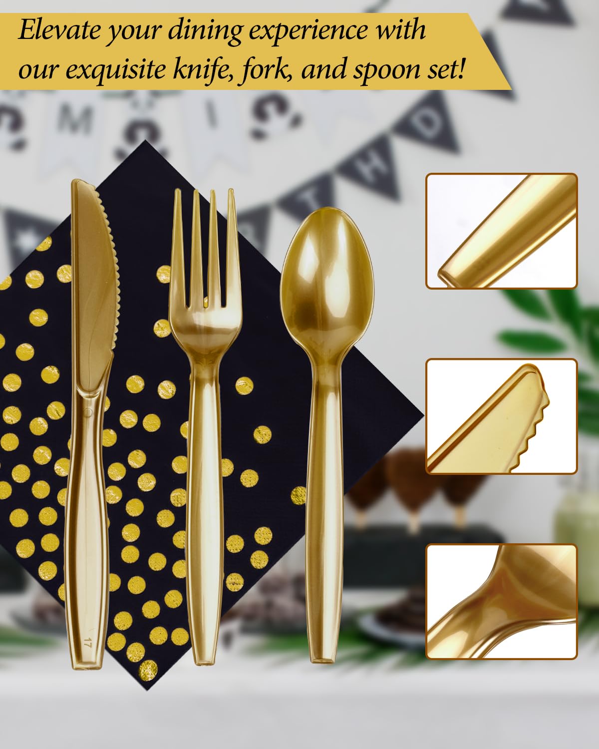 224 Pieces Party Supplies, Black and Gold Party Plates Cups and Napkins Sets with Plastic Knives forks spoons, Disposable Tableware Serves 32 Sets for Wedding, Birthday, Graduation, Festivals