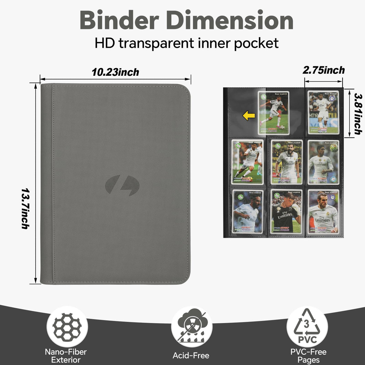 Trading Card Binder, Premium 9-Pocket Double Sided 540 Pocket PU Card Collection Binder, Collectible Trading Card Albums for MTG, TCG, Sports Cards (Grey)
