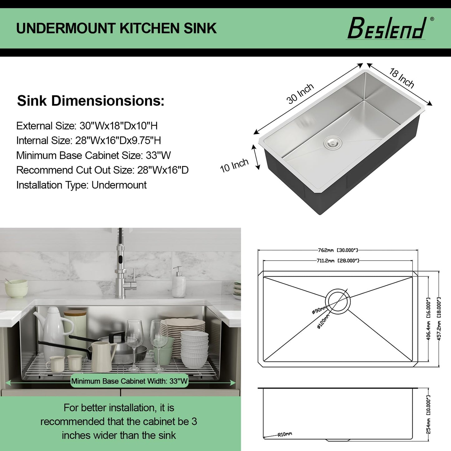 30 Inch Undermount Kitchen Sink - Beslend 30x18x10 Inch Undermount Stainless Steel Kitchen Sink 16 Gauge Single Bowl Round Corner Under Counter Basin