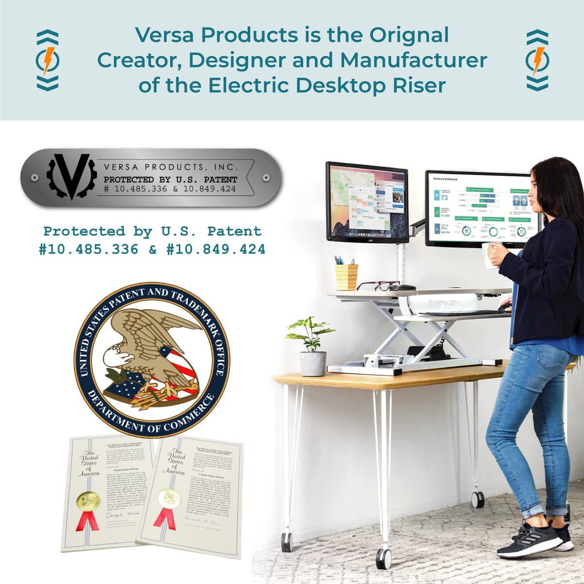 VERSADESK PowerPro 40 Inch Electric Standing Desk Converter – Push-Button Height Adjustable Sit to Stand Desk Riser for Triple Monitors & Laptop – Motorized Desktop Workstation with Wide Keyboard Tray