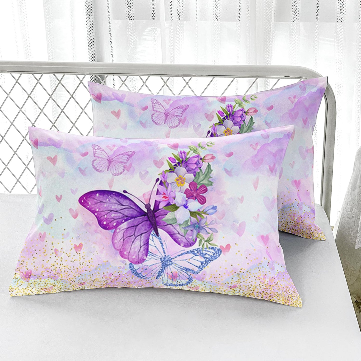 Nttopship Violet Butterfly Comforter Set 3 Pieces Bedding Set for Kids Teen Boys King Size ,Cute Flower Butterfly Bedding Set for Bedroom Soft Microfiber All Season 3pcs(1 Comforter & 2 Pillowcases)