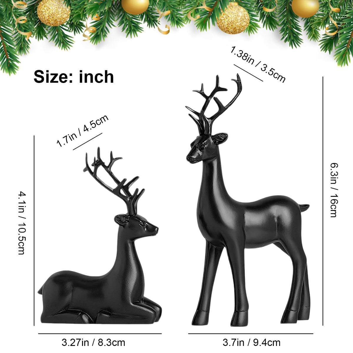 2PCS Black Christmas Reindeer Figurines, Resin Elk Sculpture Statues, Standing Sitting Reindeer Statues, Xmas Ornaments for Home Living Room Office TV Cabinet, Ideal Christmas/New Year Seasonal Gift