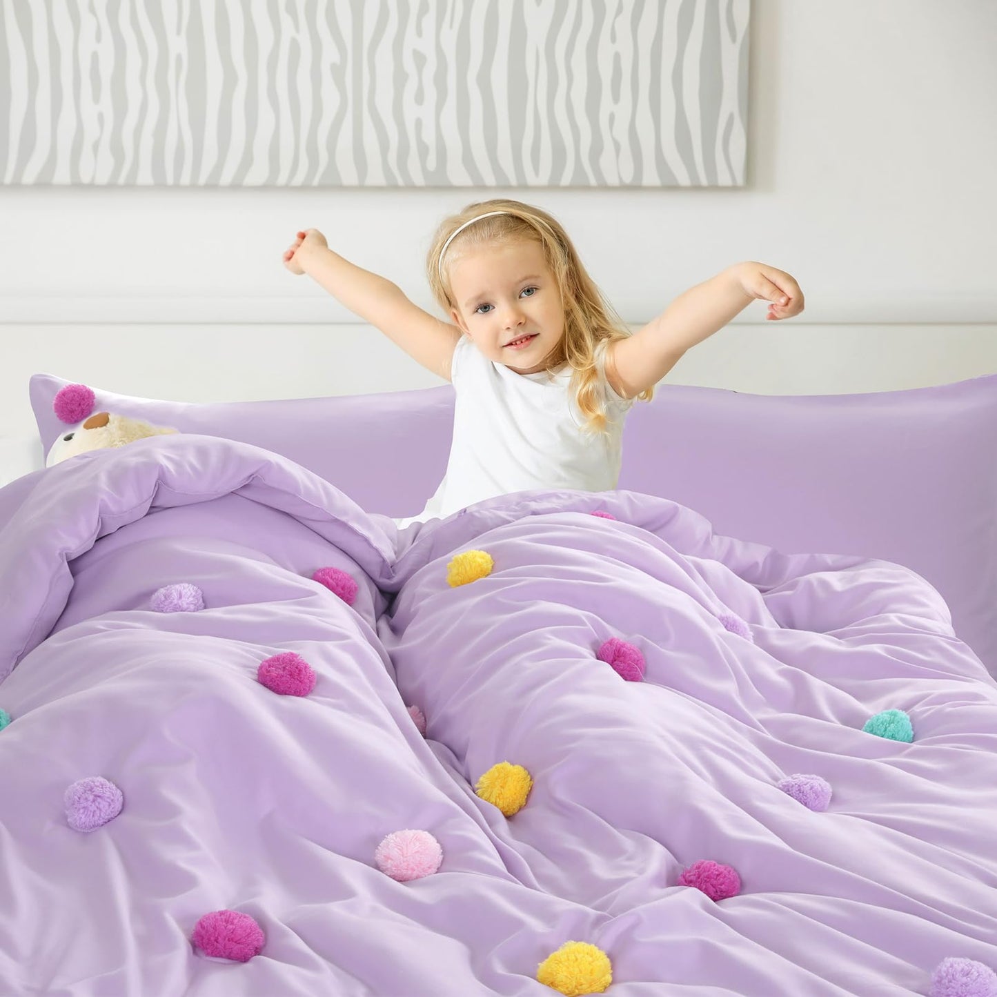 HOMBYS Pom Poms Bedding Comforter Set for Girls, 5 Piece Purple Boho Kids Comforter Set for All Season,Twin/Twin XL Size
