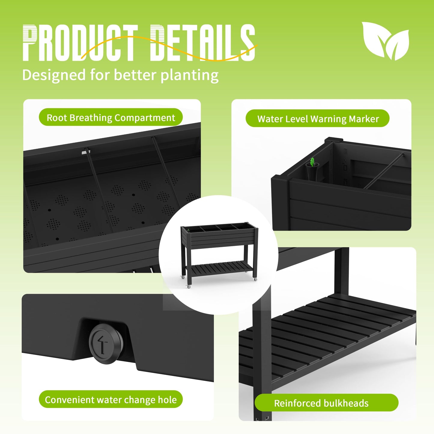 EasyUp 21 Gallon Raised Garden Bed with Legs and Wheels, Raised Planter Box with Drainage Plug and Gauge, Lower Shelf for Tools and Accessories, Dust-Proof Resin for Patio and Backyard(Black)