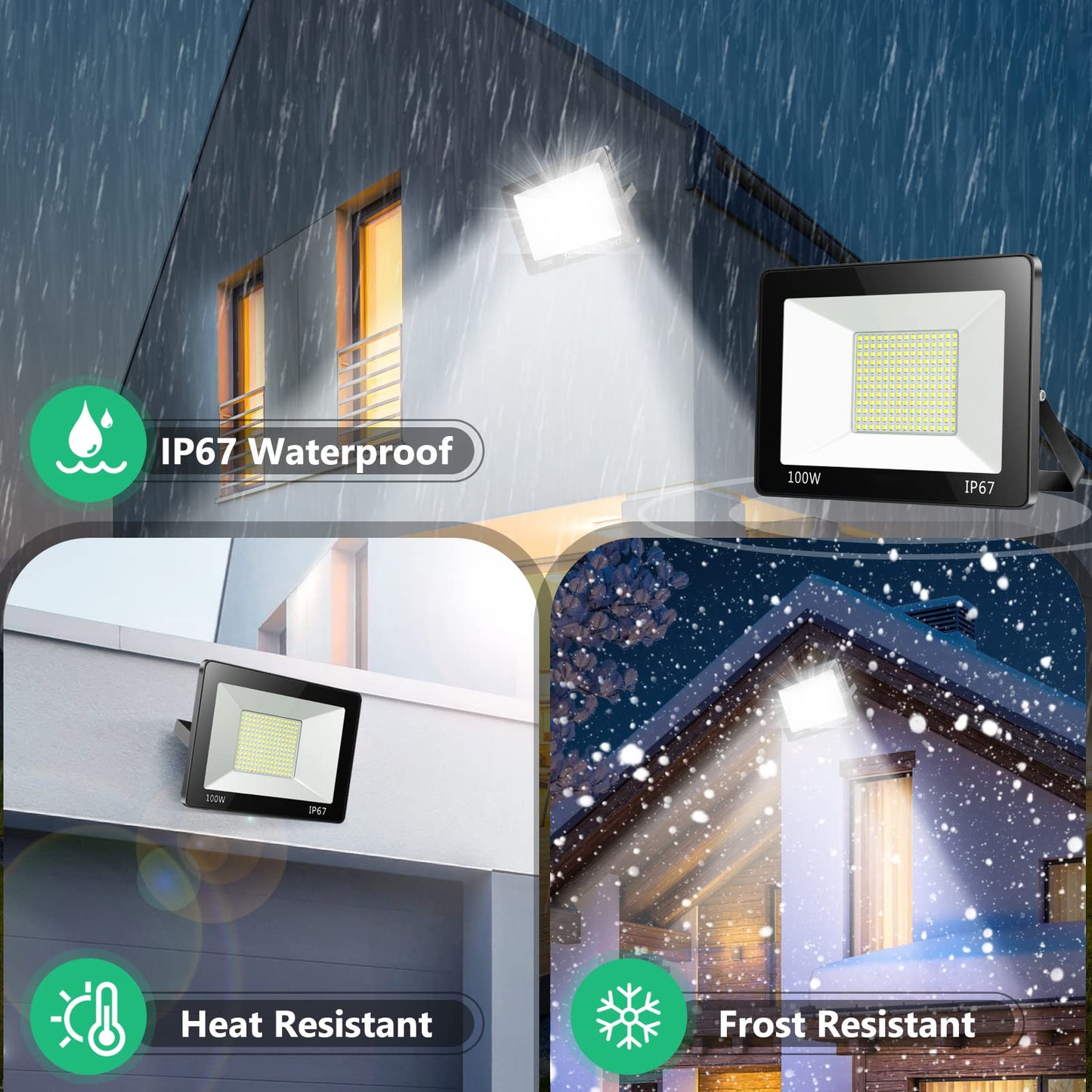 YIQIBRO 100W LED Floodlight Outdoor, 10000LM 6500K Outdoor LED Flood Lights Super Bright Security Light, IP67 Waterproof Spotlight for Garden, Garage, Yard, Patio, Warehouse, Factory