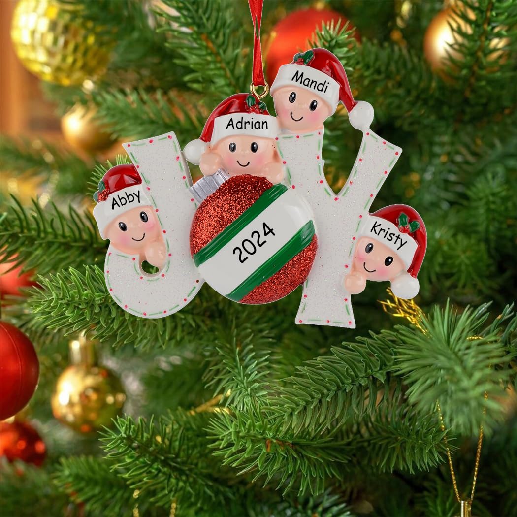 Personalized Joy Family Ornament 2024, Elves Happy Family of 4 for Xmas Tree Decorations, 4 Grandkids Ornament, Customized, Unique Family Christmas Tree Ornaments 2024 - Customize Name for You