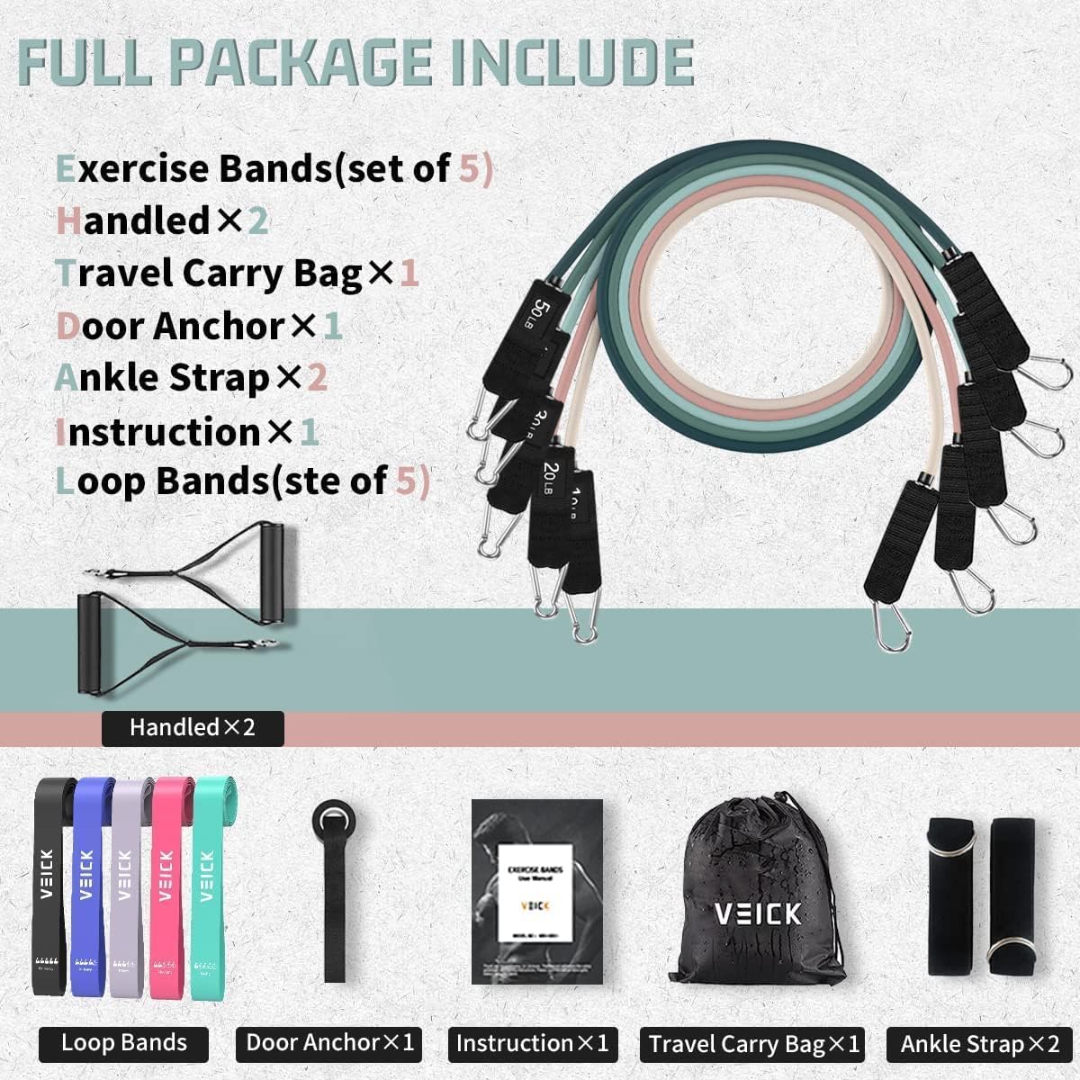 VEICK Resistance Bands, Exercise Bands for Working Out with Handles, Elastic Workout Bands for Men Women, Exercising Bands for Strength Training Equipment at Home Gym