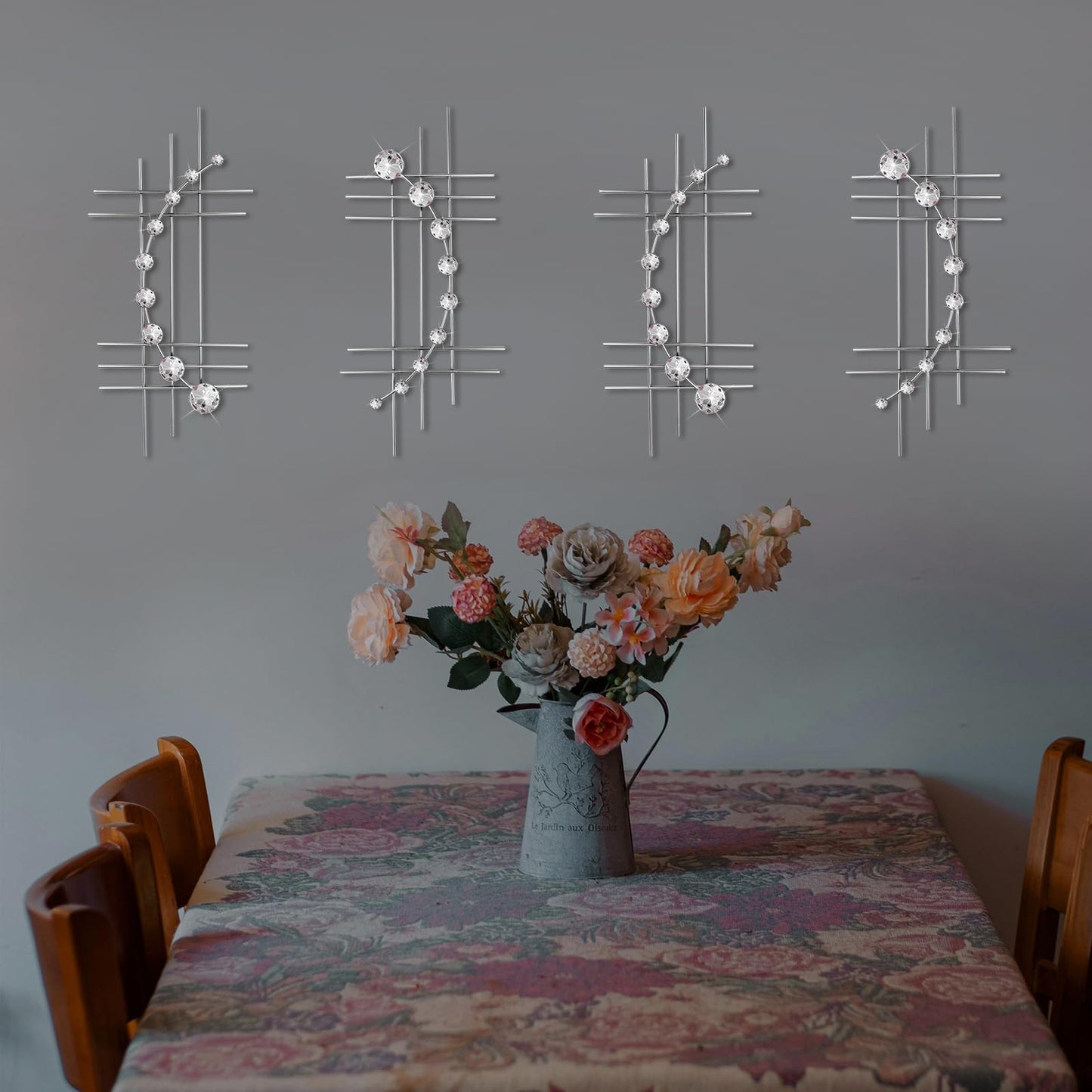 ZEXUIRU 4 Pcs Abstract Metal Wall Art for Home Decor Living Room Bedroom Bathroom Office Metal Bling Modern Geometric Hanging Vertical Small Iron Sculpture Plaque Pack -Silver 16.5in
