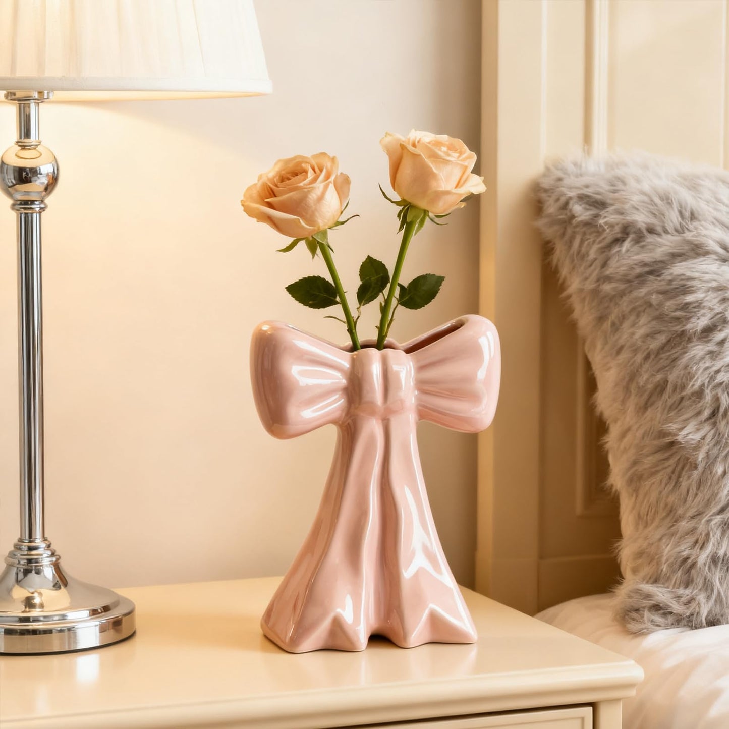 Disoza Bow Vase Pink Vase Ceramic Cute Decorative Flower Tulip Farmhouse Dazzling Modern Home Decor Pampas Grass for Table Bathroom Shelf