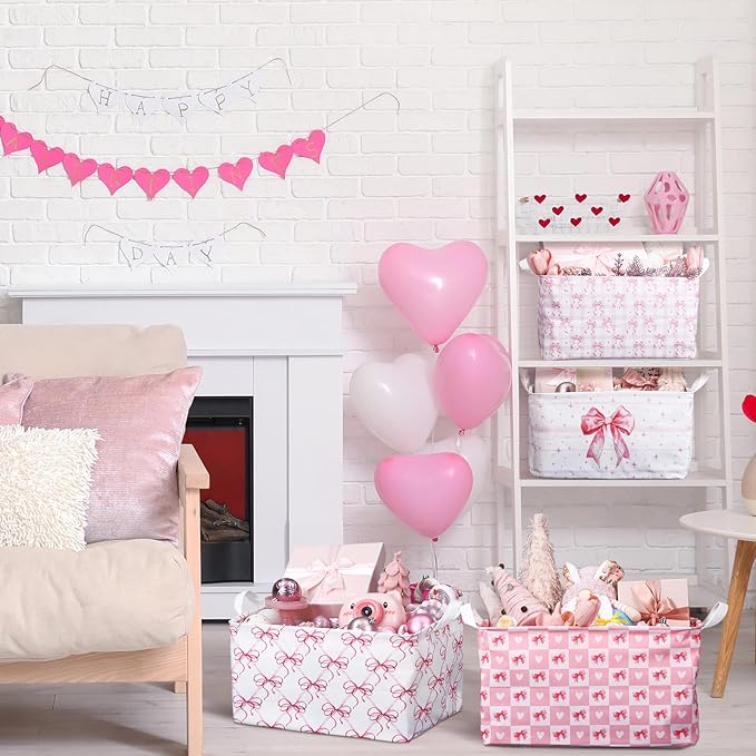 4 Pcs Pink Bow Storage Basket for Gifts Collapsible Girls Coqutte Pink Storage
