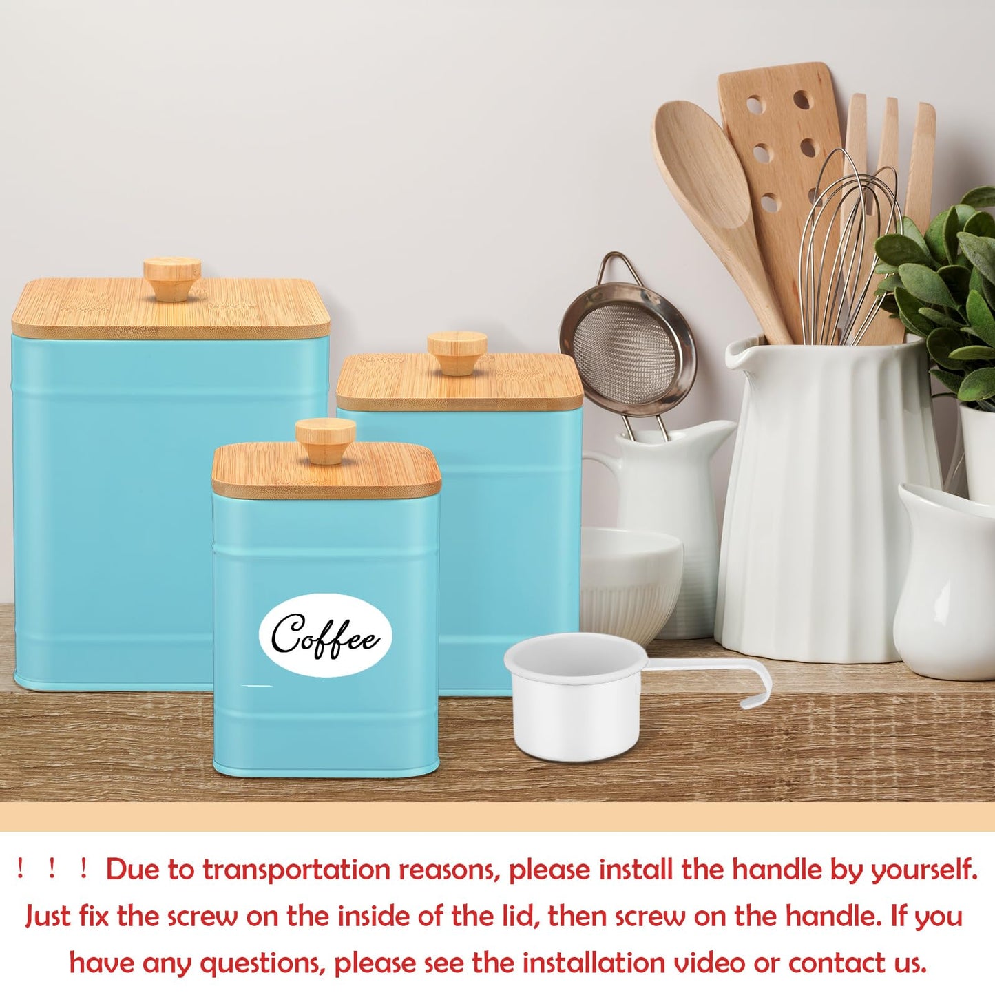 Tioncy Kitchen Canisters for Countertop Set of 3 Metal Canisters Sets with Bamboo Lids Spoon Airtight High Capacity Coffee Tea Sugar Flour Jars with DIY Labels Farmhouse Food Storage(Turquoise,L,M,S)