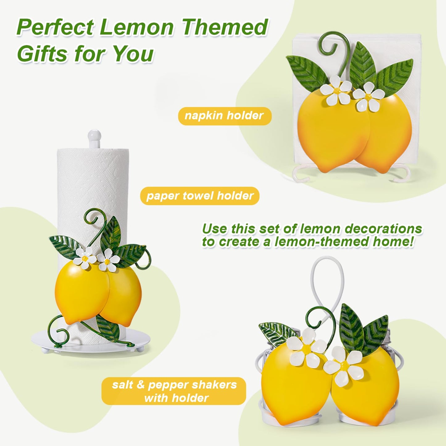 Lemon Cute Salt and Pepper Shakers Set with Holder - 2oz Seasoning Containers with Lemon Decor Holder, Yellow Kitchen Decor and Accessories, Housewarming Gifts for Women, Portable Metal Stand