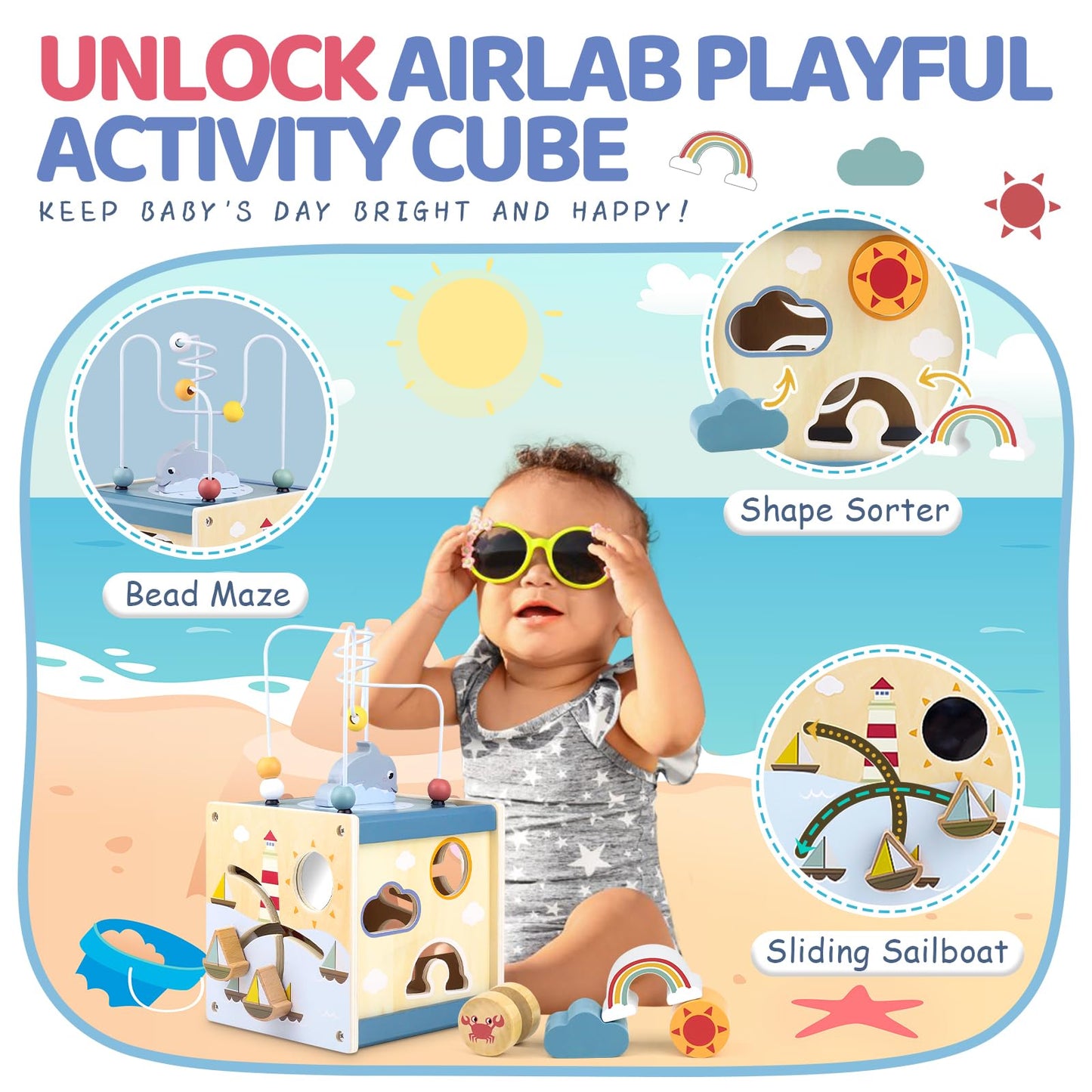 Airlab Wooden Activity Cube Baby Toys for 1 Year Old, 1st Birthday Gifts for Girls and Boys, 12+ Months Montessori Toys with Bead Maze Shape Sorter Educational Sensory Toys for Kids Age 1 2 3