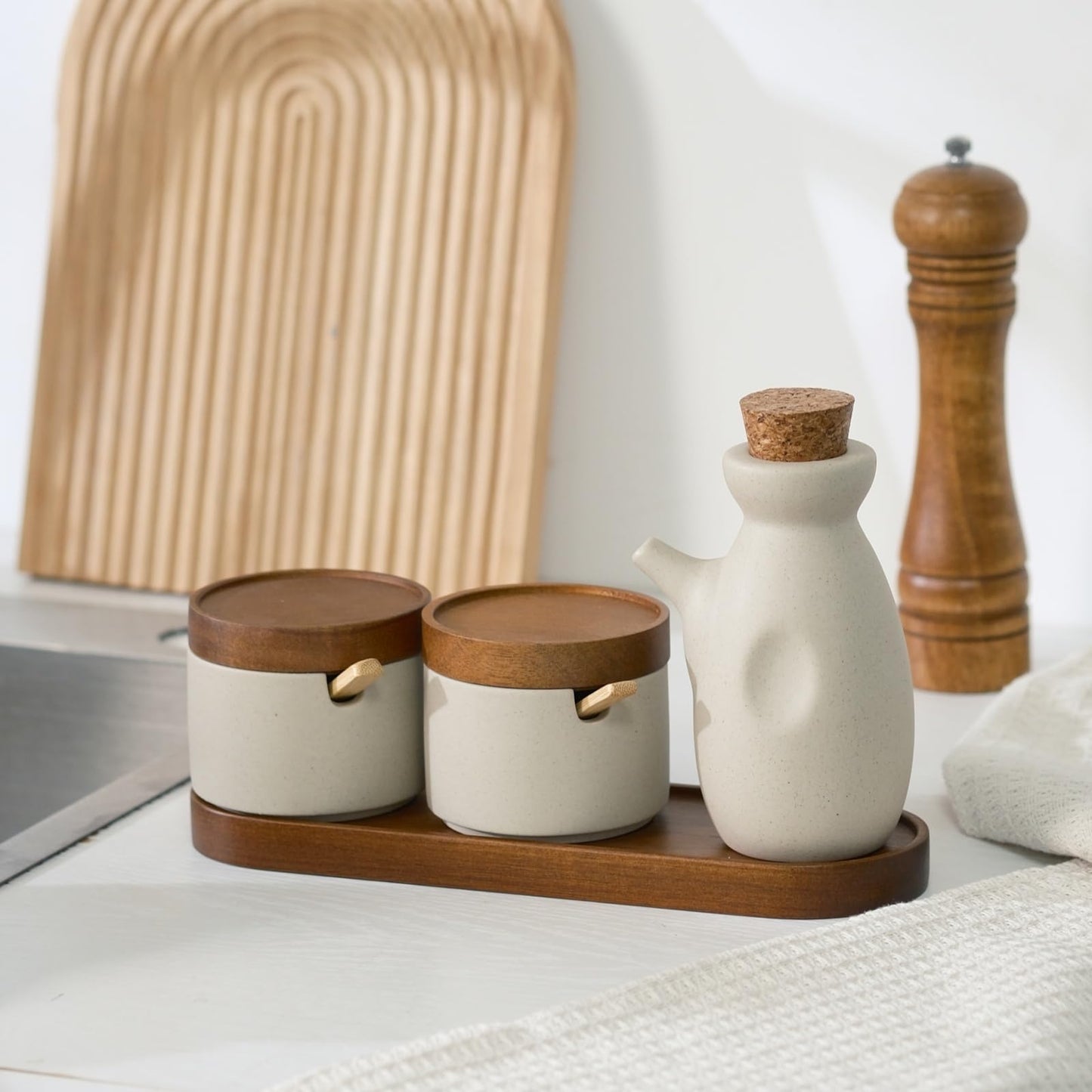 Mavolico 3 Pack Ceramic Spice and Soy Sauce Dispenser Set with Acacia Wood Lid, Complete with Sugar Salt Containers, Spoons and Wooden Tray for Kitchen and Dining