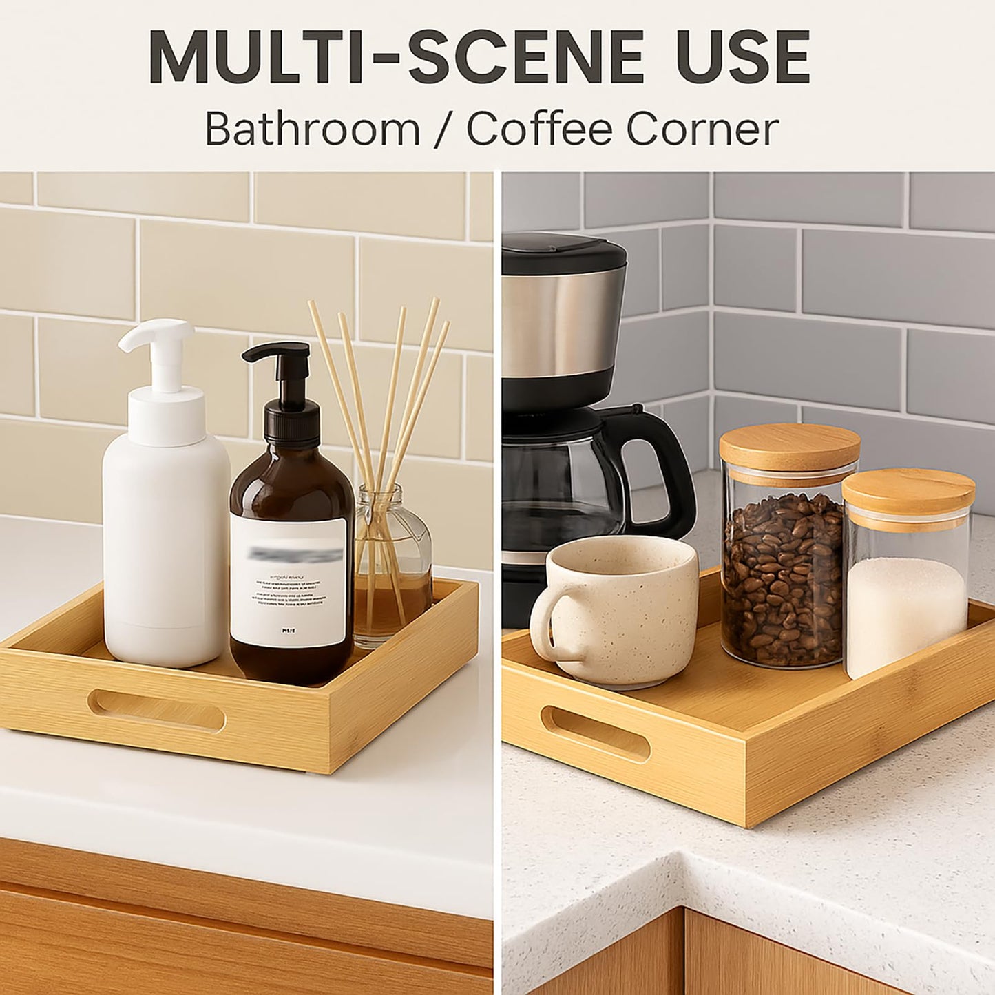 PPDVUUT Tray for Oil Bottles Kitchen Counter – Bamboo Organizer with Handles, Waterproof Coating & Non-Slip Feet, 13×8 Inch Condiment Holder for Spices, Sauces & Seasoning Jars