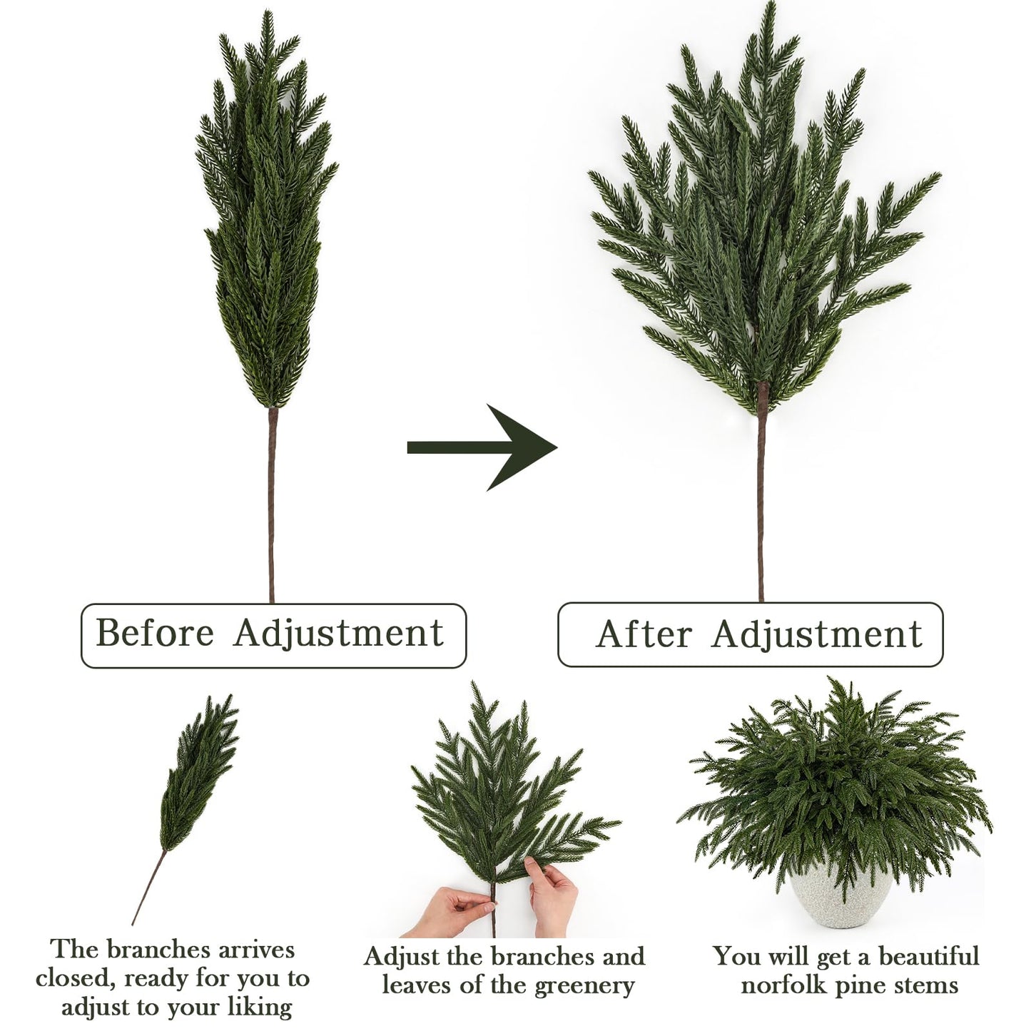 HOHOTIME 16 Pcs Christmas Norfolk Pine Branches, Real Touch Artificial Norfolk Pine Stems, Faux Evergreen Greenery Picks for Vase Fillers, DIY Garland Wreath Mantel Christmas Home Decor