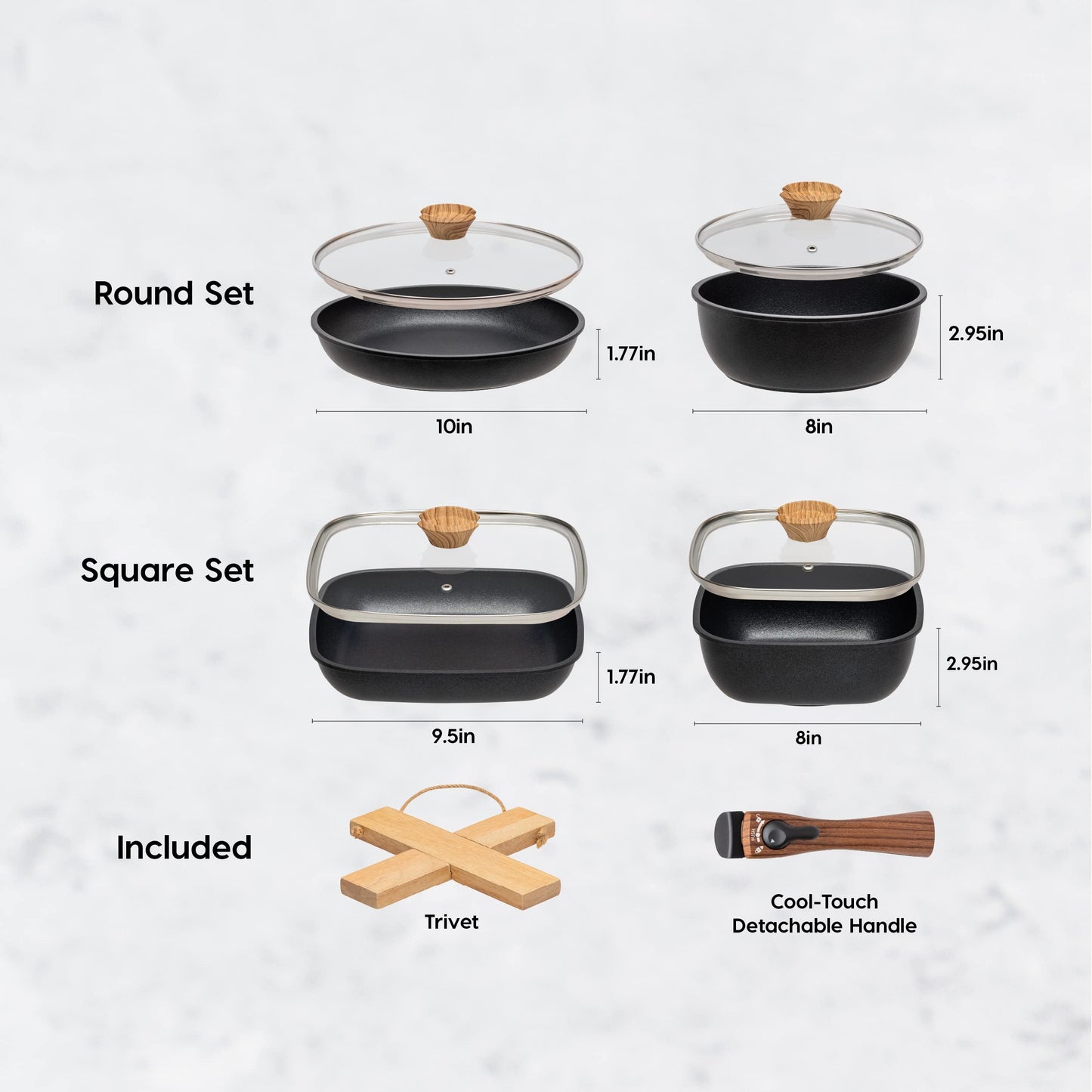 IRIS USA Non Stick Cast Aluminum Fry Pans with Removable Handles and Collapsible Wood Trivet - 6 Piece Kitchen Cookware Sets, Square