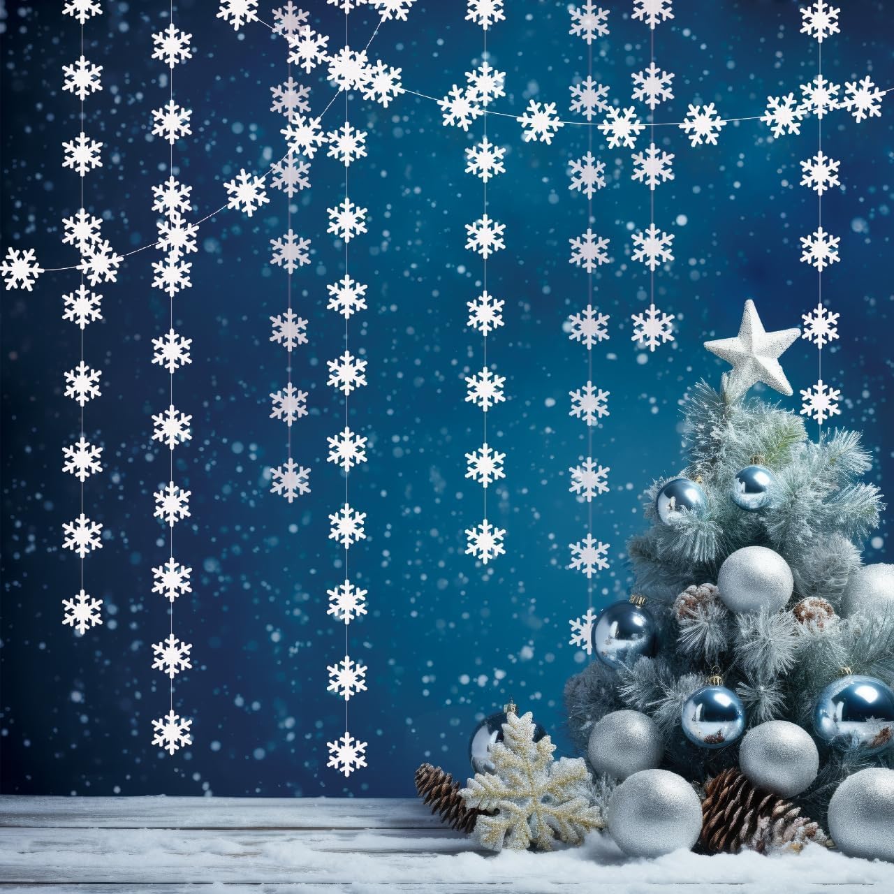 Cheerland Snowflake Garland Winter Wonderland Party Decorations White Snow Flake Hanging Paper Snowflakes Decor Snow Streamer for Birthday Holiday Baby Shower Office Classroom Winter Party Supplies