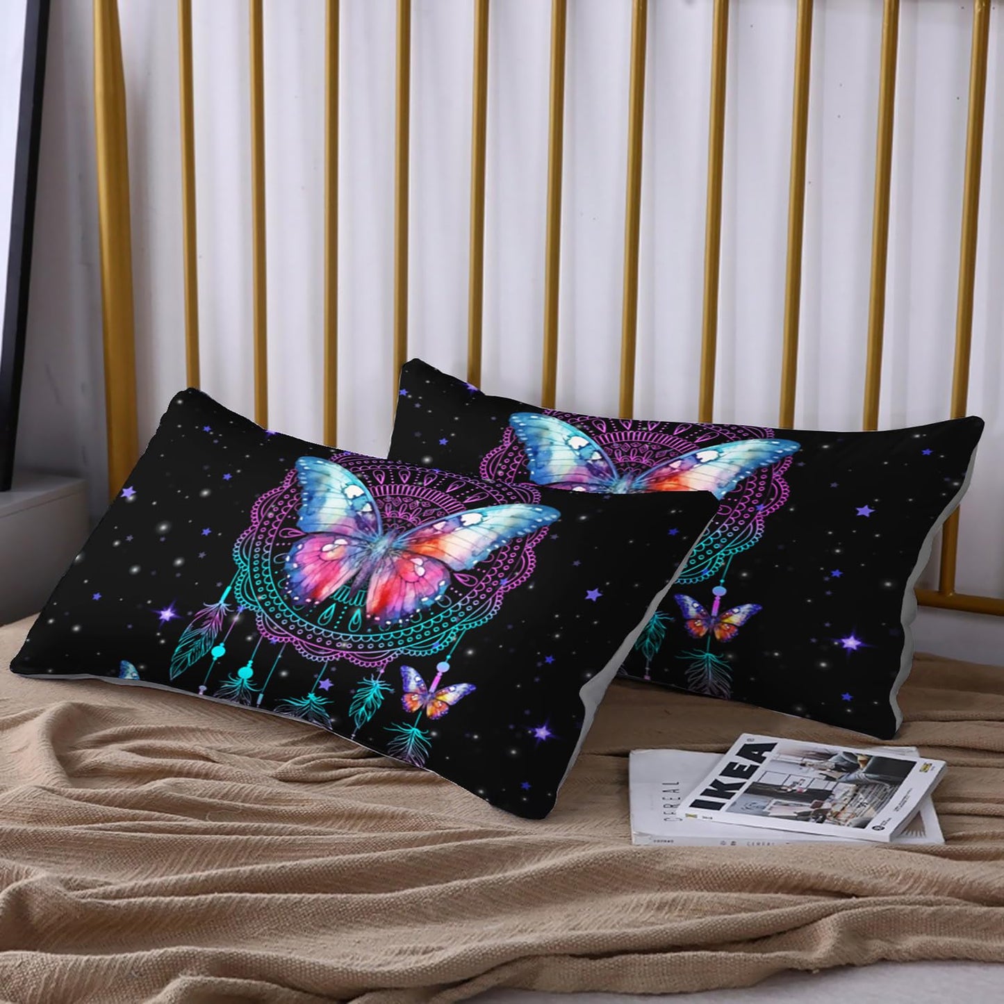 HOSIMA Dream Catcher Fitted Sheets Full Size Bed,Butterfly Feather Dream Stories Bedding Set Kidcore Room Decor Aesthetic Black Galaxy Starry Boho Bedding Set with 2 Pillowcases.