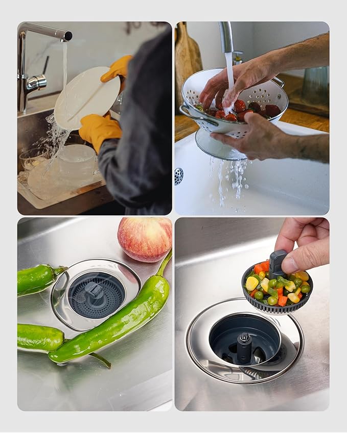 Hibbent 3 in 1 Kitchen Sink Drain Strainer and Stopper Combo, Chrome Stainless