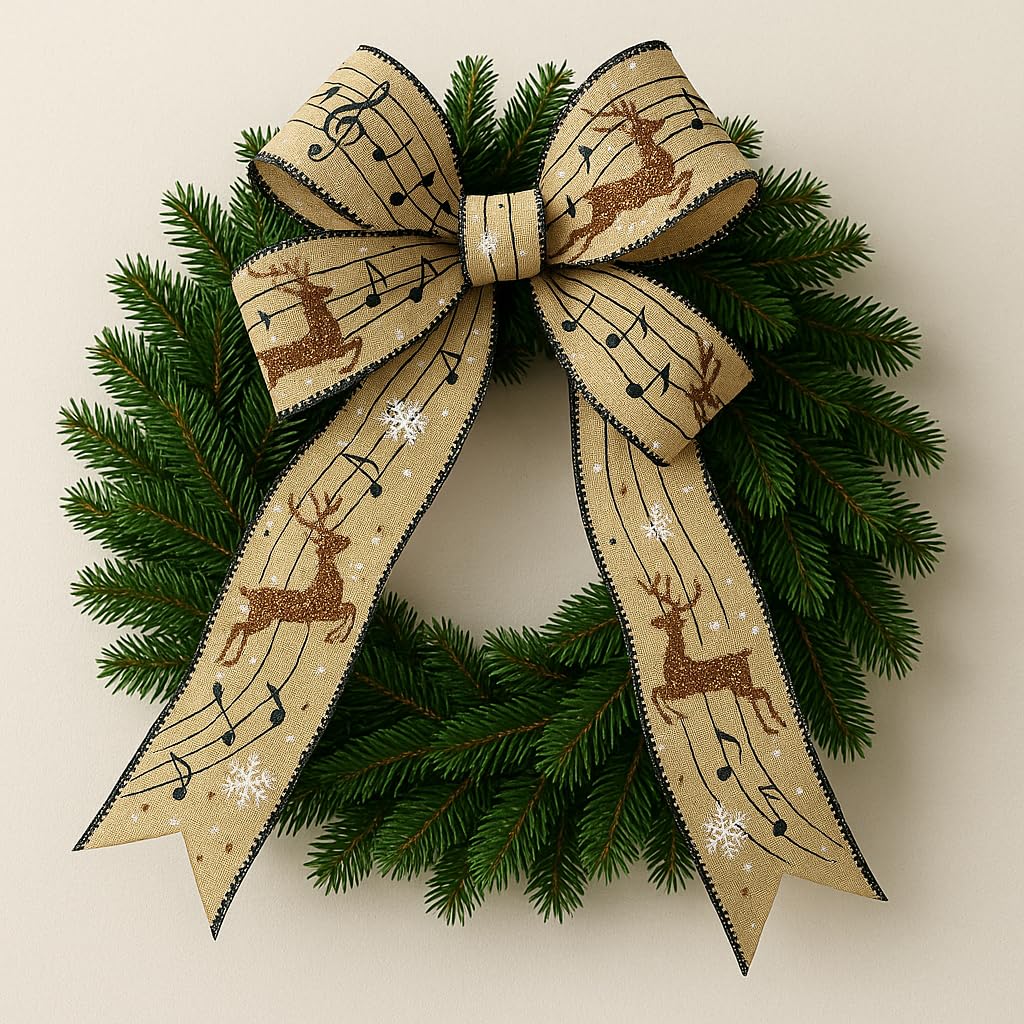 Designer's Shop Christmas Musical Glitter Reindeer Burlap Ribbon