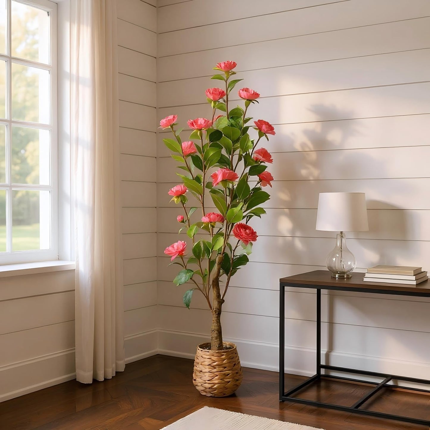 CZWBE 45" H Artificial Camellia Tree 2 Pack - Woven Planter with 28 Flowers,Faux Plant for Office Decor & Indoor Outdoor Home Wedding Decor(red)