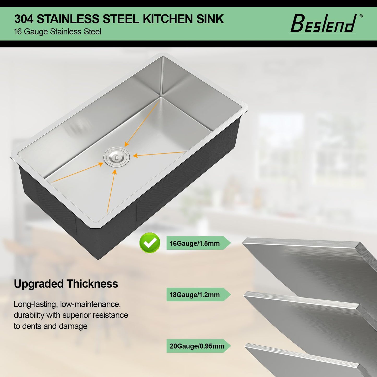 30 Inch Undermount Kitchen Sink - Beslend 30x18x10 Inch Undermount Stainless Steel Kitchen Sink 16 Gauge Single Bowl Round Corner Under Counter Basin