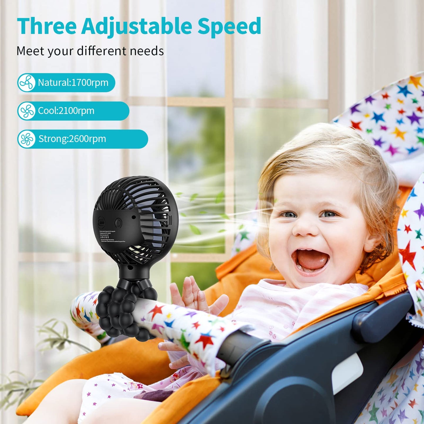 SMARTDEVIL Portable Clip on Stroller Fan for Baby, 3 Speed Battery Operated Personal Desk Fan with Flexible Tripod, Mini Handheld Fan for Car Seat, Treadmill, Camping (Black)