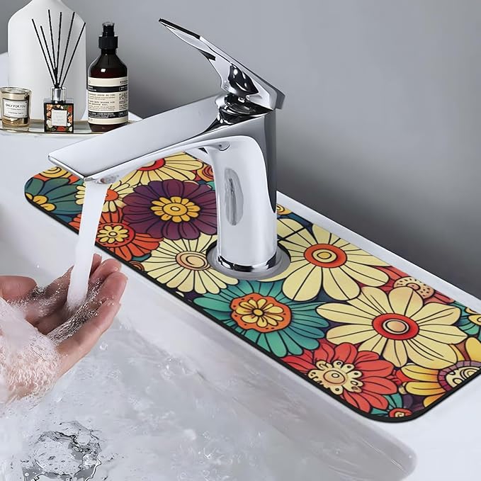 Kitchen Faucet Mat 15 x 5.5 Inch Abstract retro flower Faucet Draining Mat