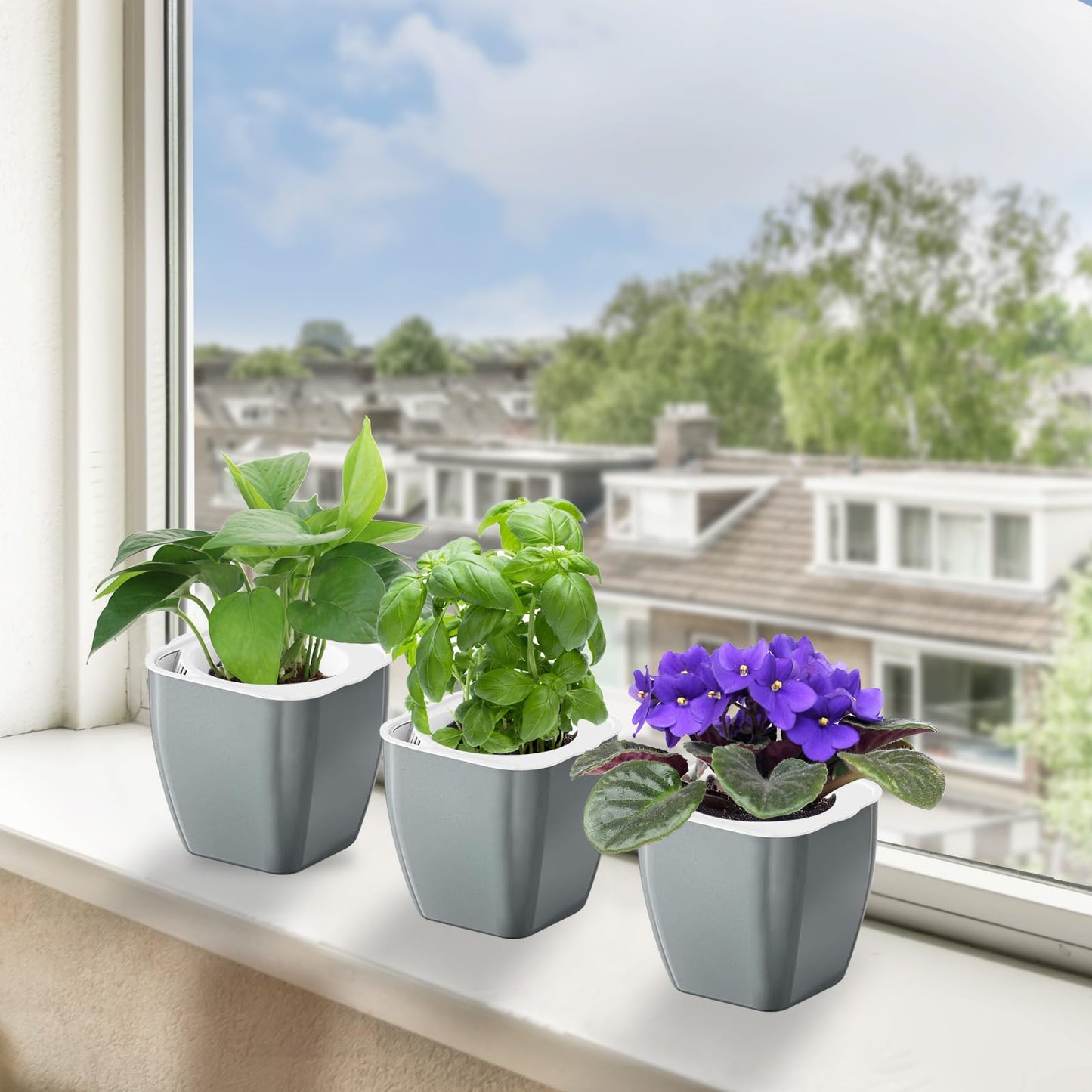 Oliz 4 Pack Self Watering Pots 4-inch Decorative Flower Planters for Indoor Plants Modern Square planters for Small Plants Window Sill Planters for Succulents, African Violets, Herbs(Sliver Black)