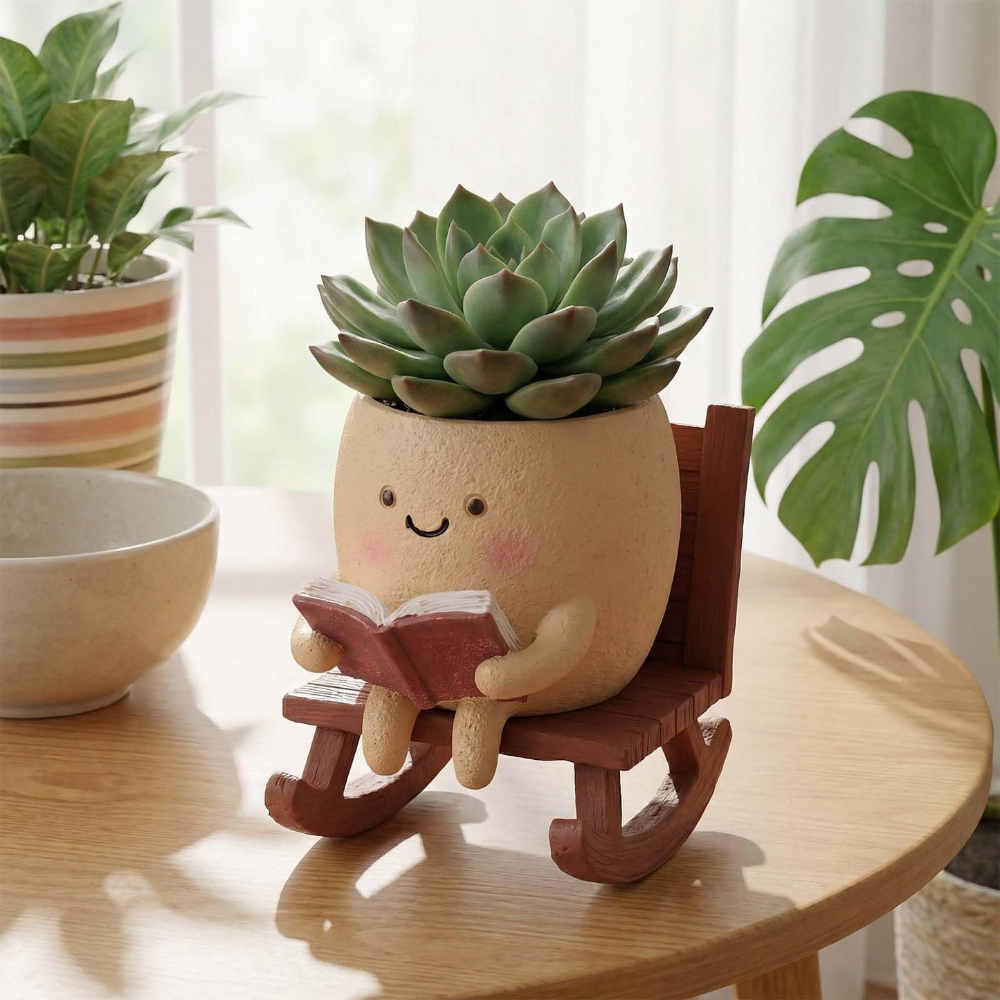 XOMIUHL Rocking Chair Reading Book Planter, Cute Smiley Face Succulent Pots with Drainage Hole, Unique Funny Flower Pot for Indoor Outdoor Plants, Plant Gifts for Mother's Day, Birthday, Christmas
