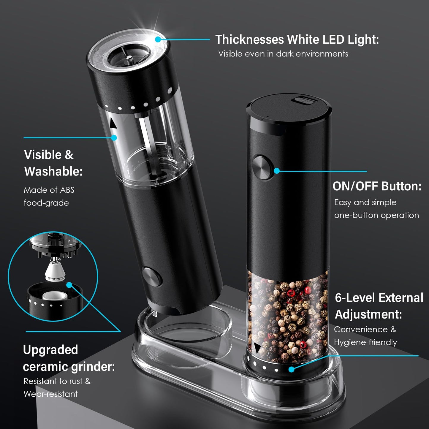 Electric Salt and Pepper Grinder Set, Automatic Salt and Pepper shakers with Upgraded 6-Level External Adjustable Coarseness, Battery Operated, Larger Capacity with Led for Home Kitchen (Black/Black)