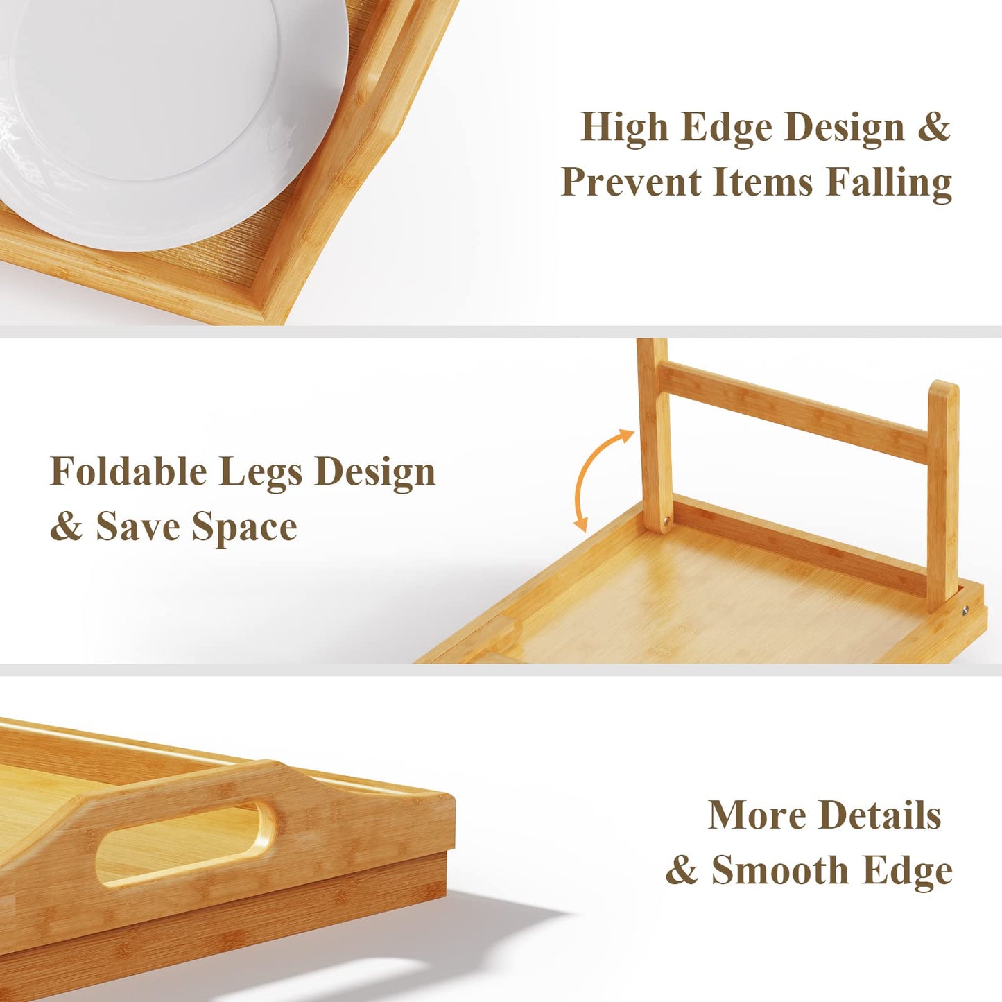 2 Pack Breakfast in Bed Tray for Eating, 16.92 x 12.6 Inch Bed Table Tray with Folding Legs & Handles, Bamboo Food Lap Trays Fits for Adult Kids Eating/TV/Surgery Recovery by Easoger. Set of 2