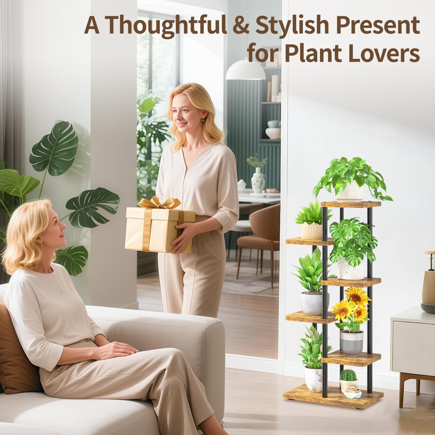 LASZOLA Black 5 Tiered Wood Plant Stand Indoor for Larger Heavy Duty Planter, Sturdy Multi Level Vertical Flowers Racks for Narrow Inside Floor, Decorate Shelving for Hold House Tree, Space Saving