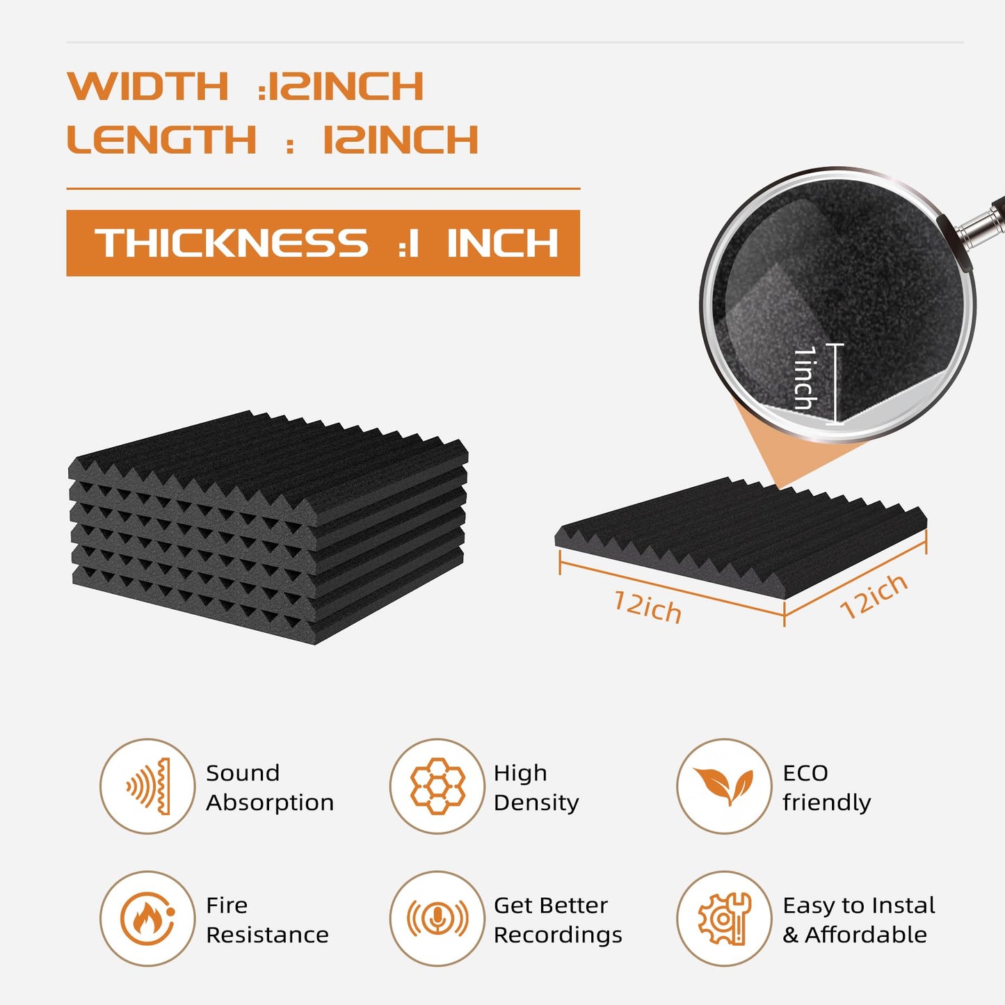 TEMGCUAM 48 Pack Sound Proof Foam Panels |1"×12"×12" Quick-Recovery Soundproof Wall Panels | High Density Sound Dampening Panels for Home Studio |With Adhesive Stickers 240PCS (Black)