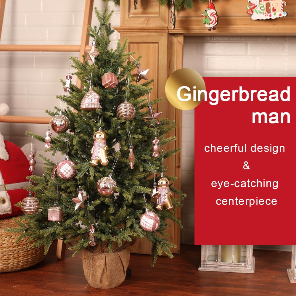 SHareconn 65pcs Christmas Tree Ornaments Set, Shatterproof Christmas Gingerbread Man Balls Bulk Gift Boxes, Hanging Plastic Decorative Baubles for Xmas Trees Decorations, Holiday Party, Pink Gold