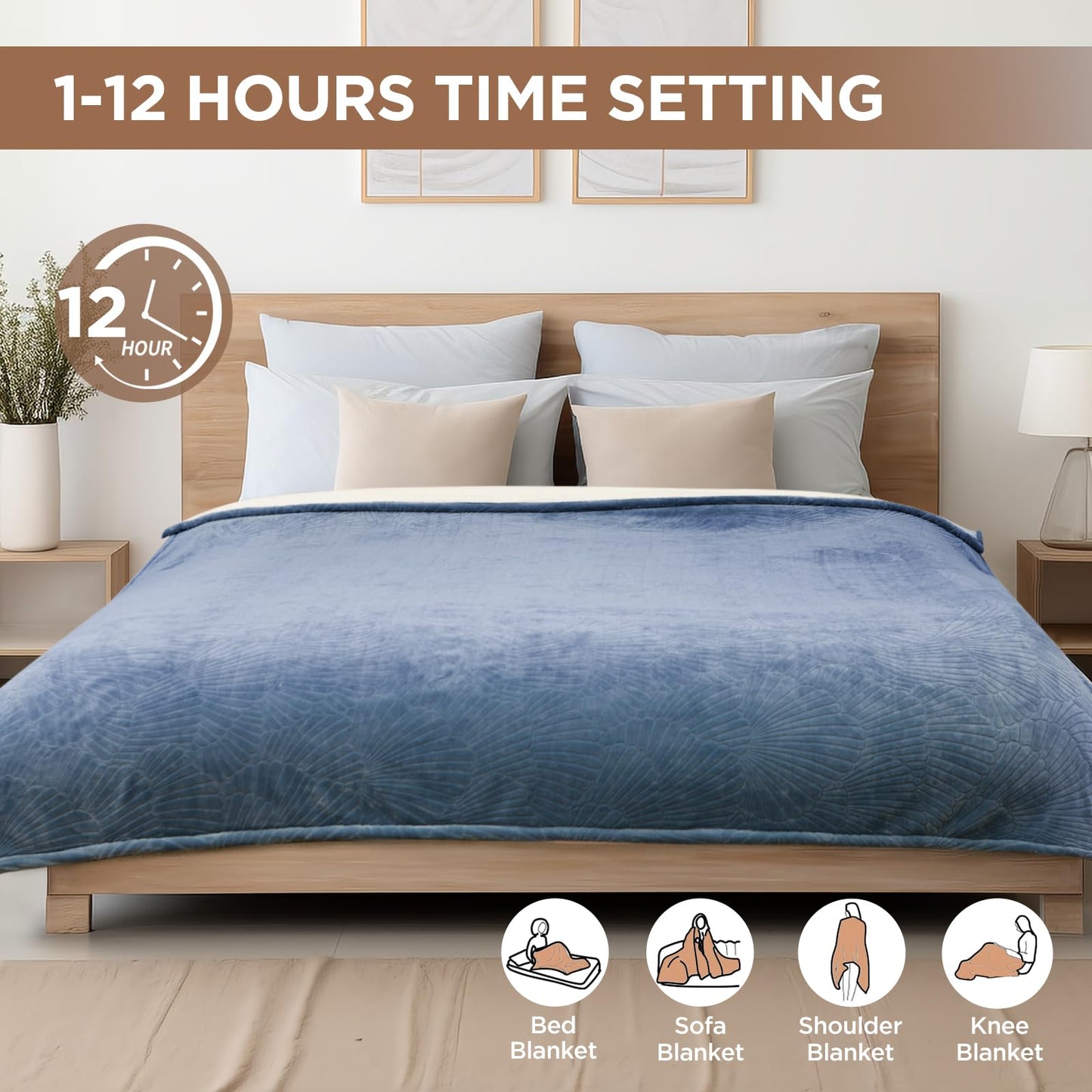 Westinghouse Heated Throw Blanket, Flower Jacquard Electric Blanket Throw with 6 Heating Levels and 2-10 Hours Auto-Off, Flannel to Sherpa Super Cozy Heated Blanket, Machine Washable (50" x 60" Beige)