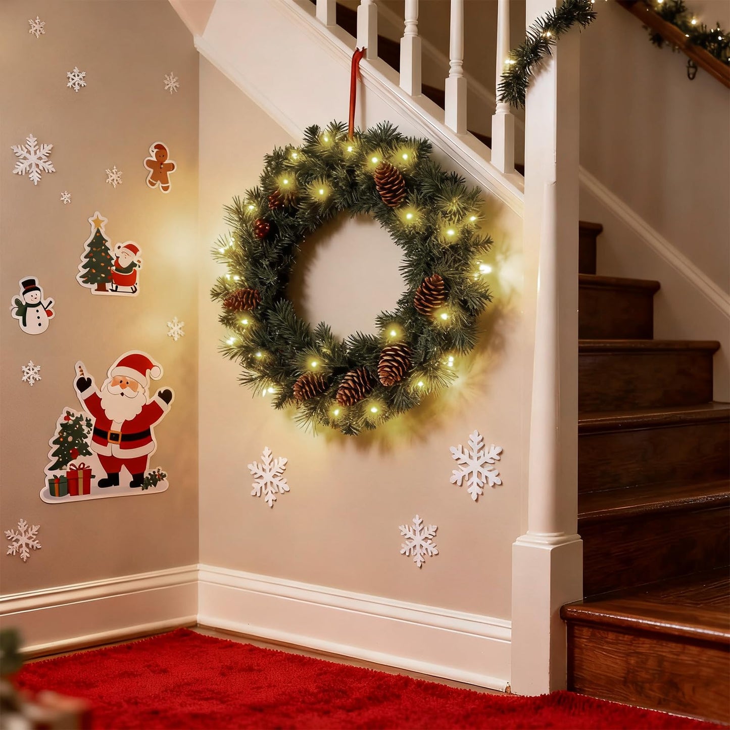 FR Artificial Pre-Lit Fir Christmas Wreath Holiday Accent Decoration, Wintry Pine, Decorated with Pine Cones, with LED Lights Battery Operated for Door, Mantel - 16 Inch