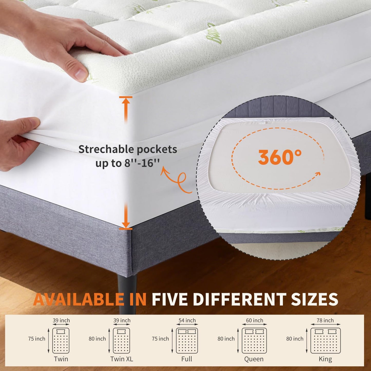 Sweetcrispy Mattress Topper, Bamboo Viscose Ultra Soft Mattress Protector with Stretchable Pockets, Cooling Pillow Top Mattress Pad Breathable, Mattress Cover for Back Pain Relief, Hot Sleepers