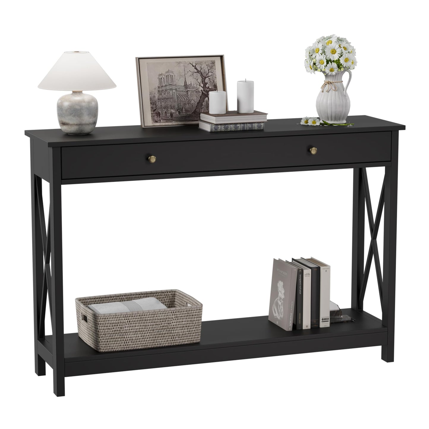 Treocho 47" Farmhouse Console Table with Drawer and Storage Shelves, Foyer Sofa Table Narrow for Entryway, Living Room, Hallway, Black