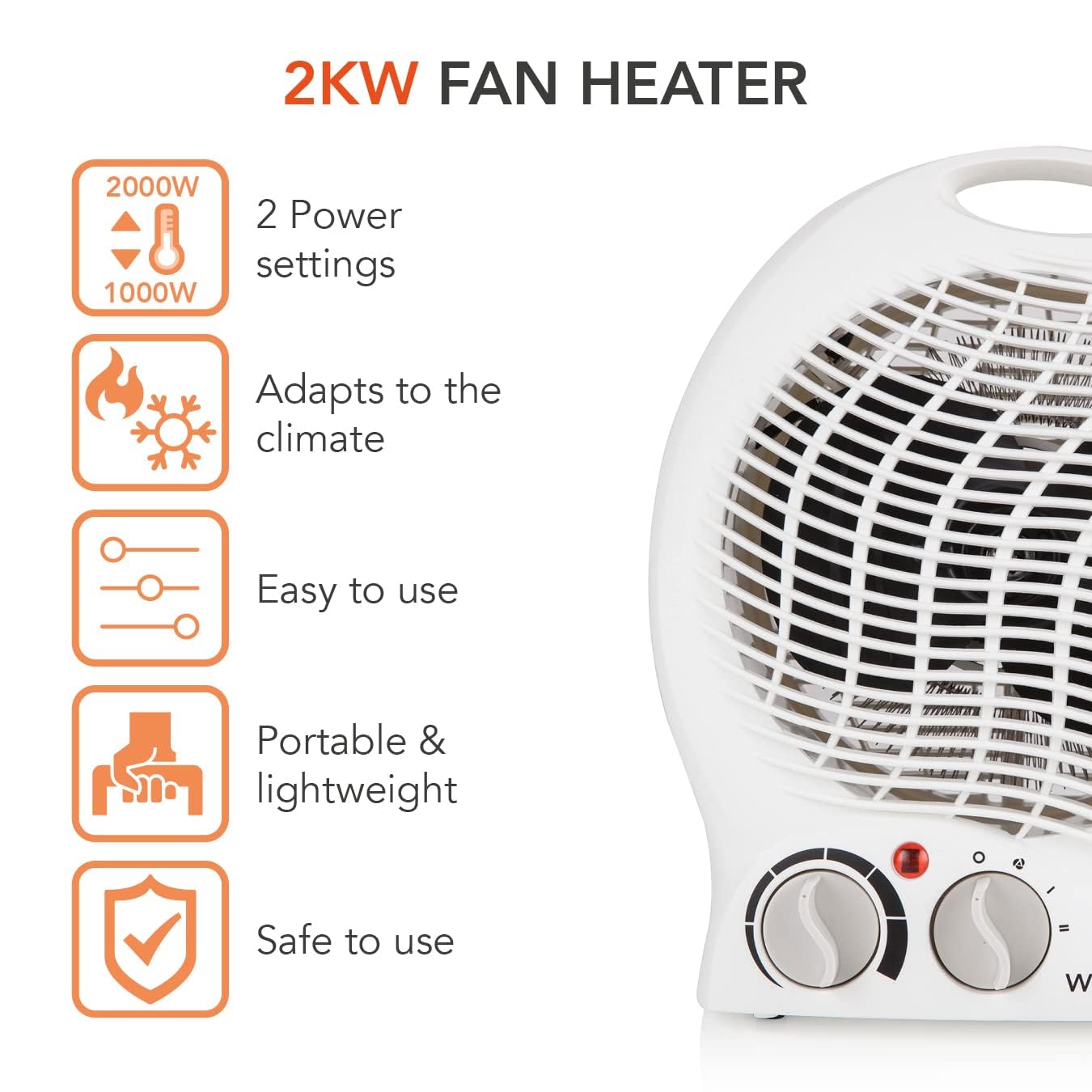 Warmlite WL44002 Thermo Fan Heater with 2 Heat Settings and Overheat Protection, 2000W, White