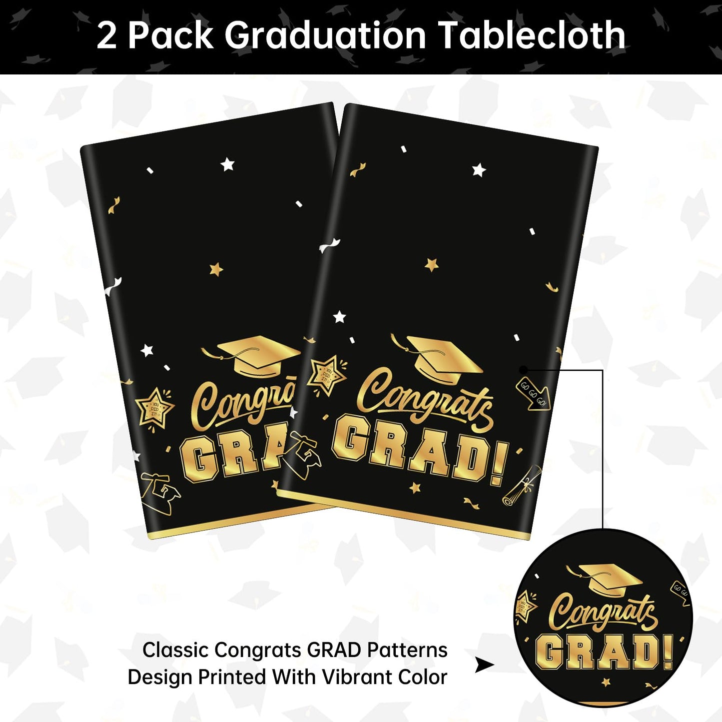 2 Pack Graduation Tablecloth - Congrats Grad Table Cloths, Plastic Disposable Rectangle Black Gold Class of 2025 Table Cover for Graduation Tables Decorations Party Decor Supplies Favors,108 x 54 Inch