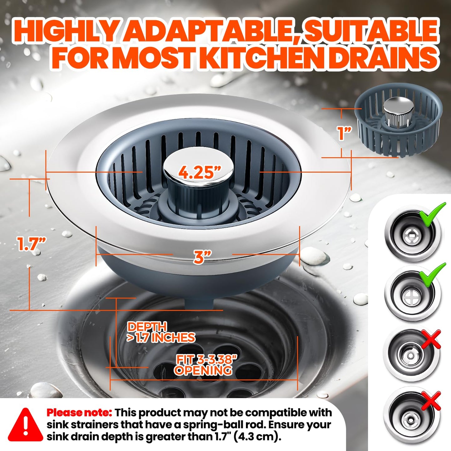 2 Pack 3 in 1 Kitchen Sink Drain Strainer & Sink Stopper, Upgraded Stainless Steel Drain Plug Combo with Anti-Clog Basket, Pop Up Drain Cover for Standard 3-1/2'',Garbage Disposal Parts