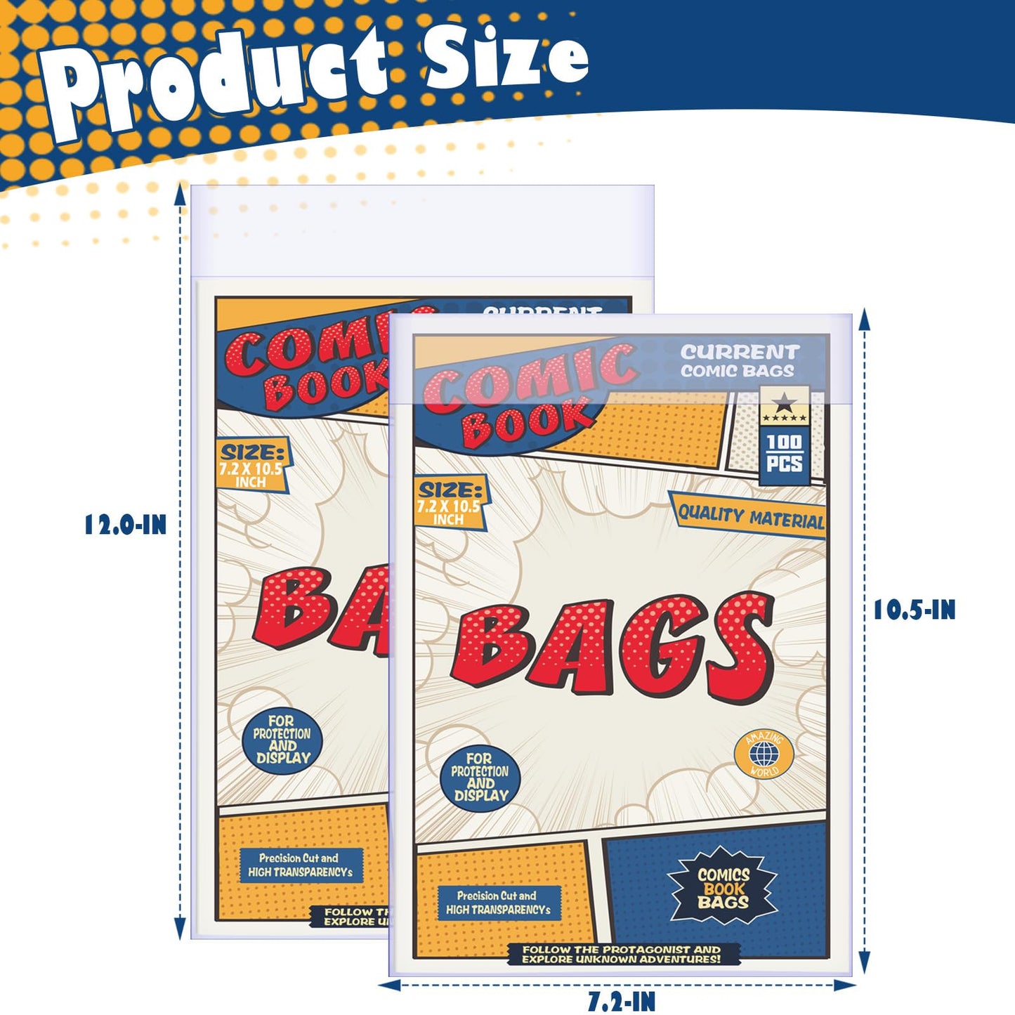 100 Count Comic Book Bags, Current Size Comic Bags 7.2 X 10.5 inch Transparent Acid-Free and Reusable Comic Book Sleeves for Regular Comics