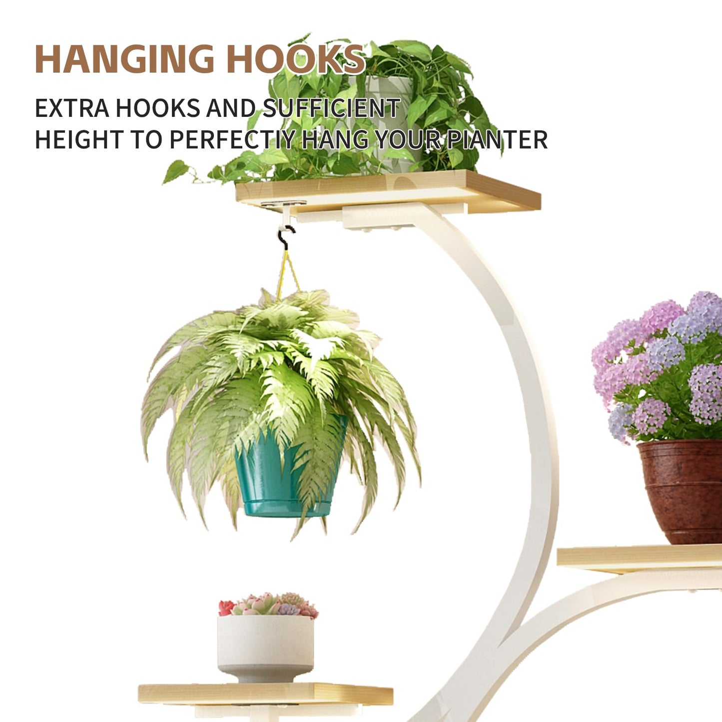 AJLDN Plant Stands Shelf Indoor with Grow Lights - 62in Tall 8 Tiered Plant Holder, S-Shaped Corner Shelf for Living Room, Large Flower Stand for Indoor Plants,Natural